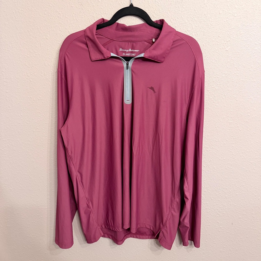 Tommy Bahama IslandZone Mens Large Pink 1/4 Zip Pullover Grid Performance Shirt